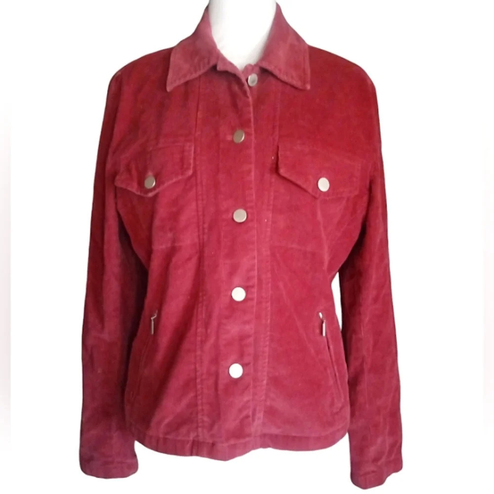 Talbots Red Corduroy Button Front Jacket Shacket Zippered Pockets Size Small